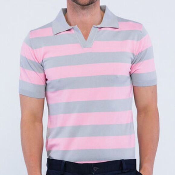 1729 NWT EDOARDO CARAVELLAV-NECK SHORT SLEEVE POLO SHIRT // STRIPED PINK + GRAY - Picture 1 of 6